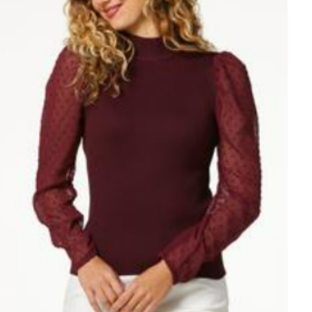 Femme Fatale Knit Sweater Dressy Chiffon Bling Sleeve Wine NWT Size Large